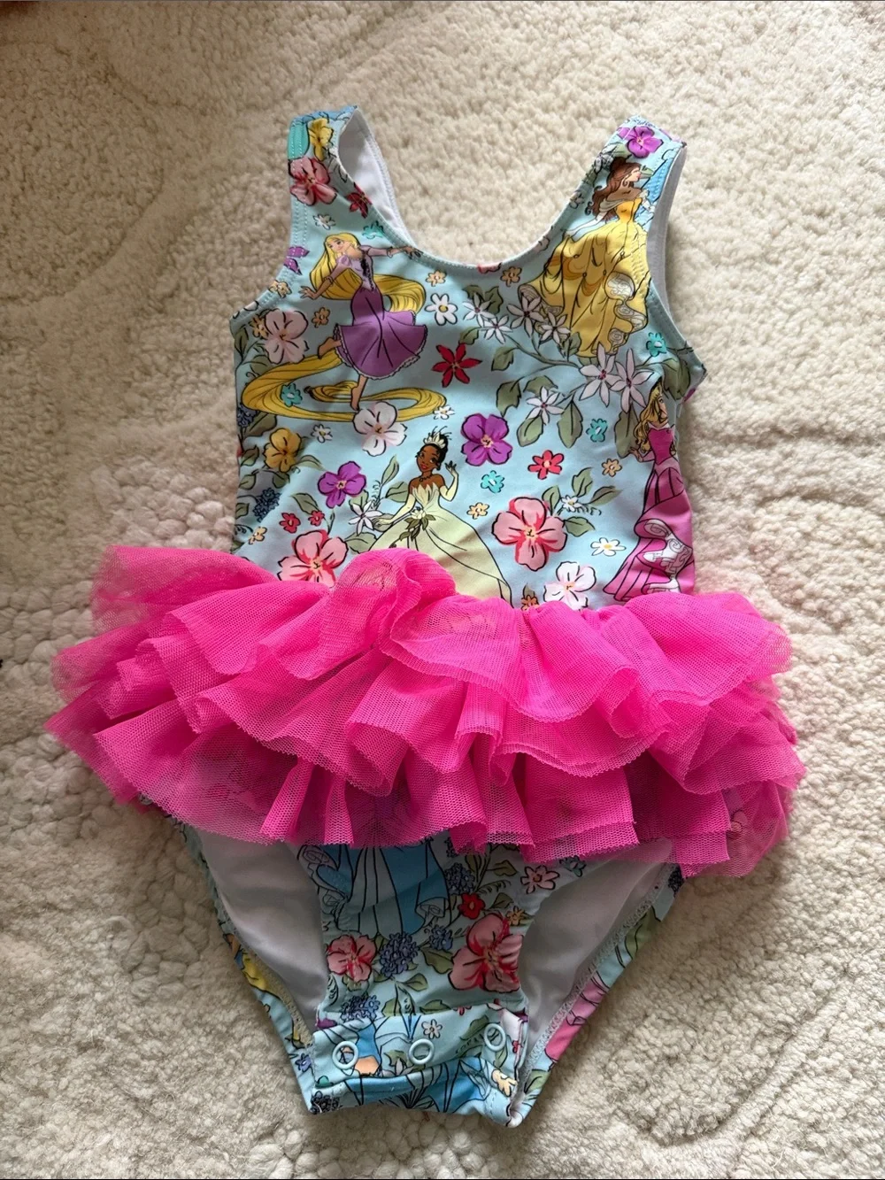 Posh Peanut Disney Girls Floral Princess Tutu Swimsuit with Hot Pink Ruffle